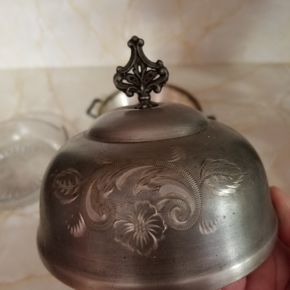 VINTAGE 3 PIECE BUTTER DISH W WINDMILL FARM DECO BASE, GLASS DISH, FLORAL DOME - Picture 5 of 8